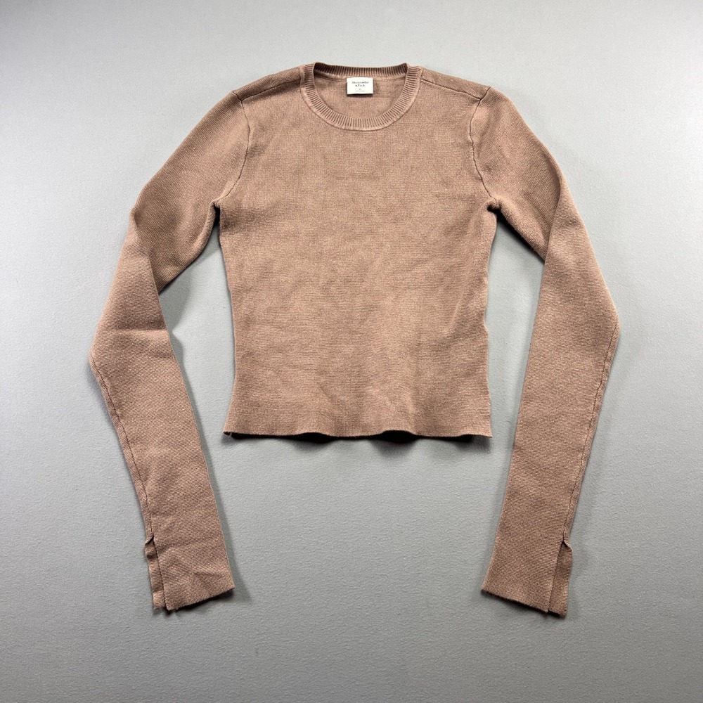 Abercrombie & Fitch Crop Top Womens XS Brown Ribbed Knit Long Sleeve Split Cuff